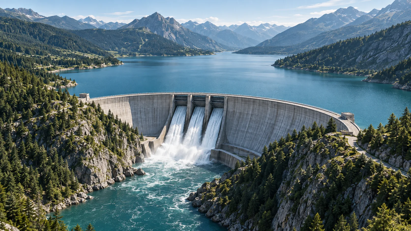 Illustration d’un barrage courbe avec trois évacuateurs en fonctionnement, entre une retenue montagneuse et la rivière en aval.