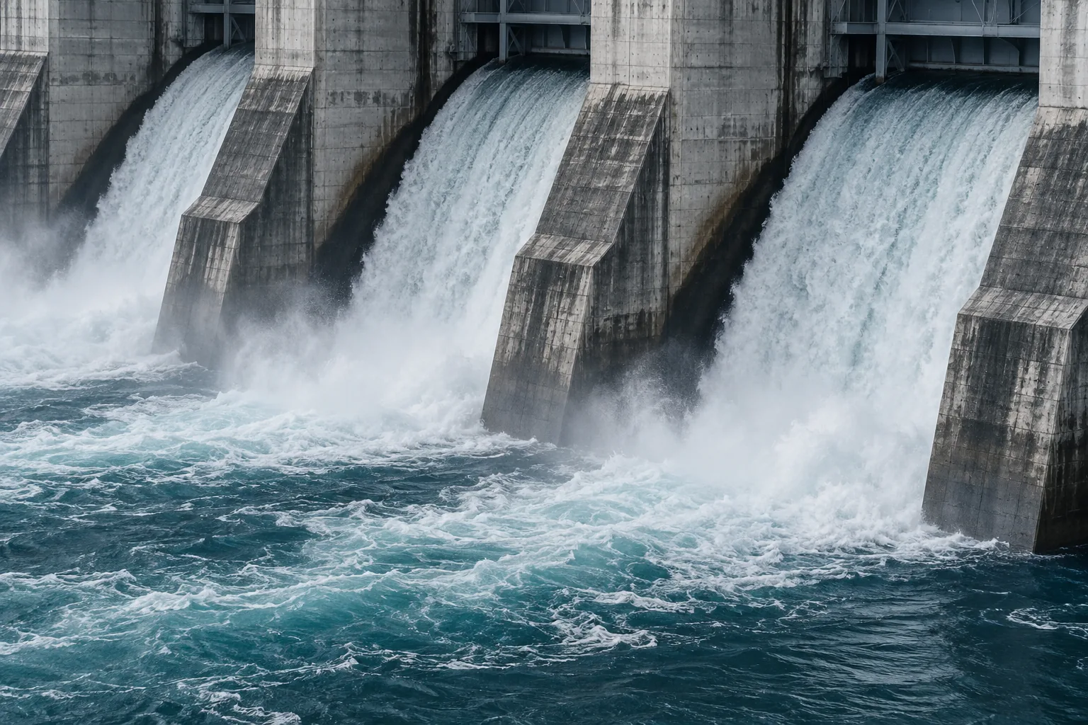 Illustration de l’eau libérée par les évacuateurs d’un barrage en béton.